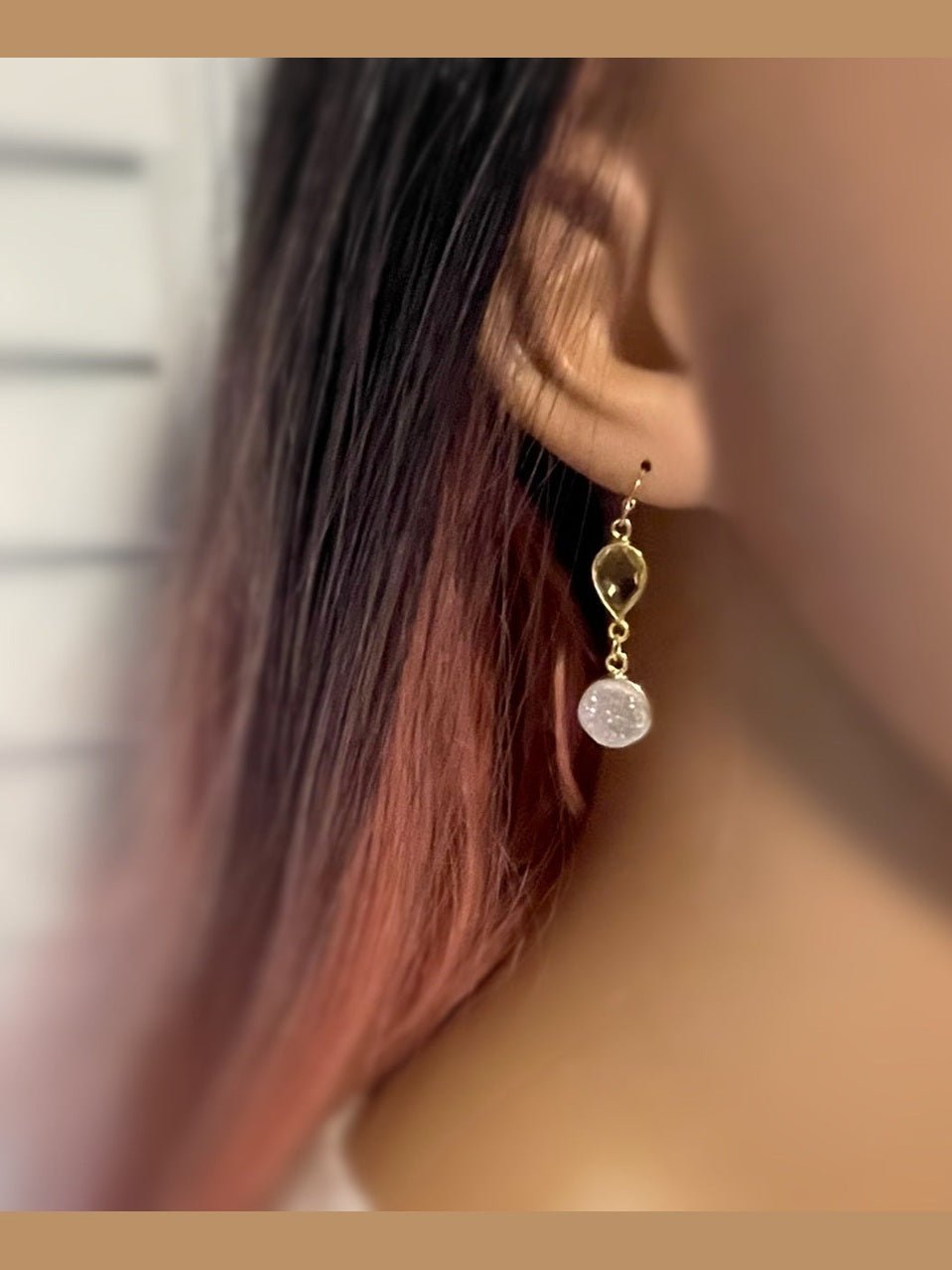 Lemon Quartz & White Druzy Drop Earrings – 14k Gold Filled – Handmade in Raleigh NC – 1.5" Gift-Boxed Jewelry - Courbe et Compagnie
