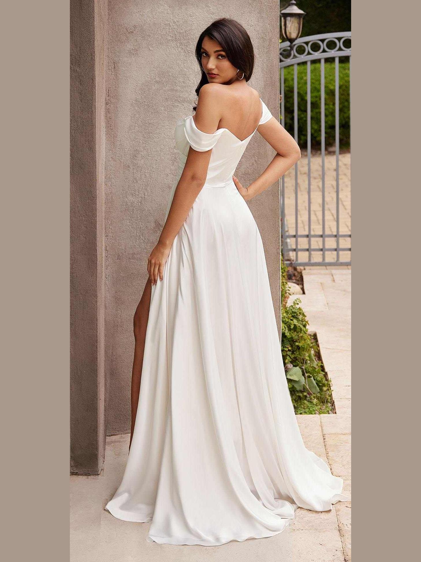 Long A-Line Off the Shoulder Satin Bridal Dress - Courbe et Compagnie