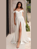 Long A-Line Off the Shoulder Satin Bridal Dress - Courbe et Compagnie