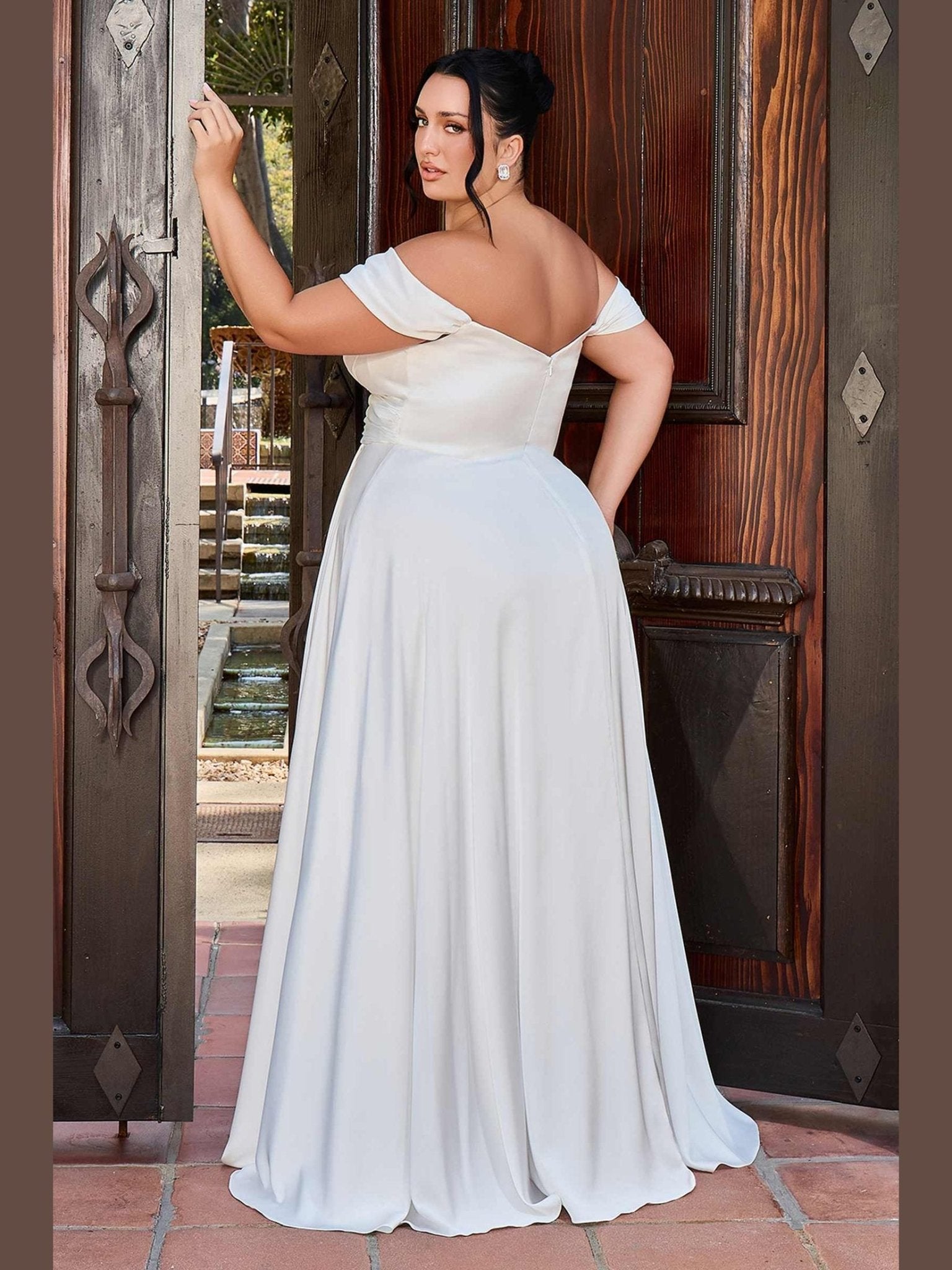 Long A-Line Off the Shoulder Satin Bridal Dress - Courbe et Compagnie
