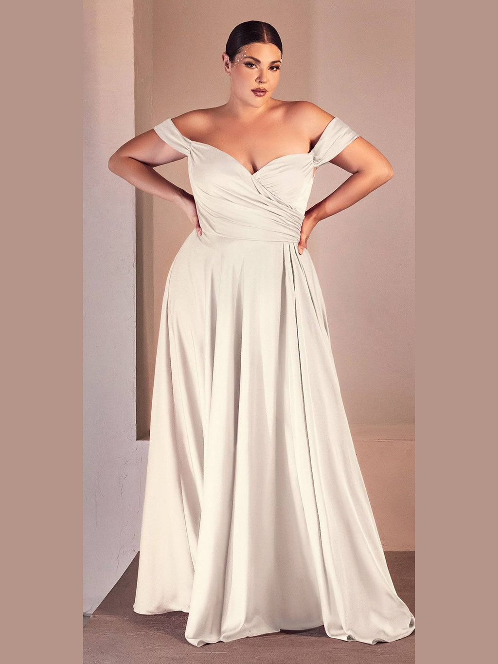 Long A-Line Off the Shoulder Satin Bridal Dress - Courbe et Compagnie
