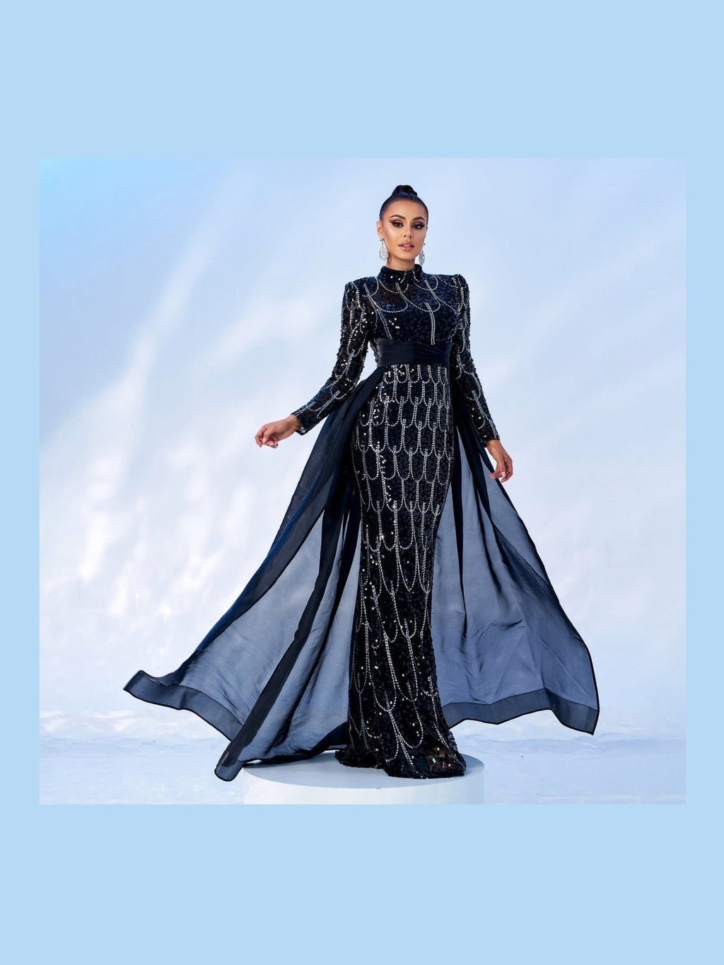Long Sleeve round Neck Long Sequined Cocktail Cape Fishtail Evening Dress Bridesmaid Dress Women - Courbe et Compagnie
