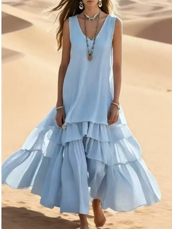 Loose Umbrella Skirt Sleeveless Maxi Dress | Cotton-Linen Style - Courbe et Compagnie