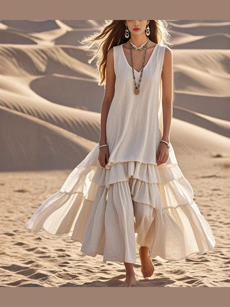 Loose Umbrella Skirt Sleeveless Maxi Dress | Cotton-Linen Style - Courbe et Compagnie