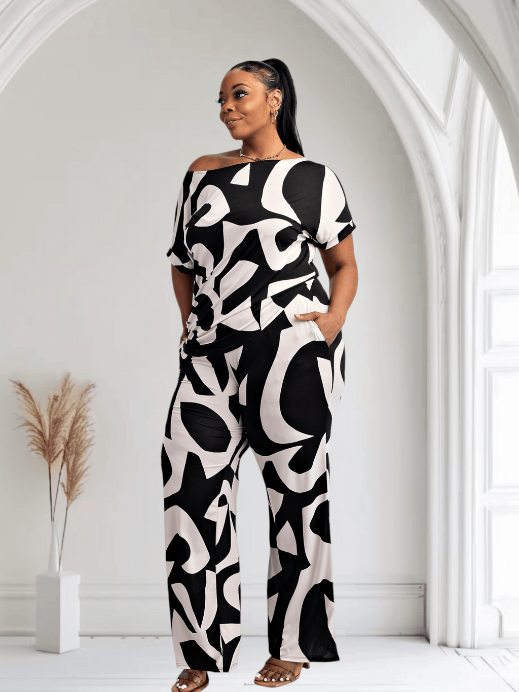Lori Print Black and White Matching Plus Size Pants Set With Pockets - Courbe et Compagnie