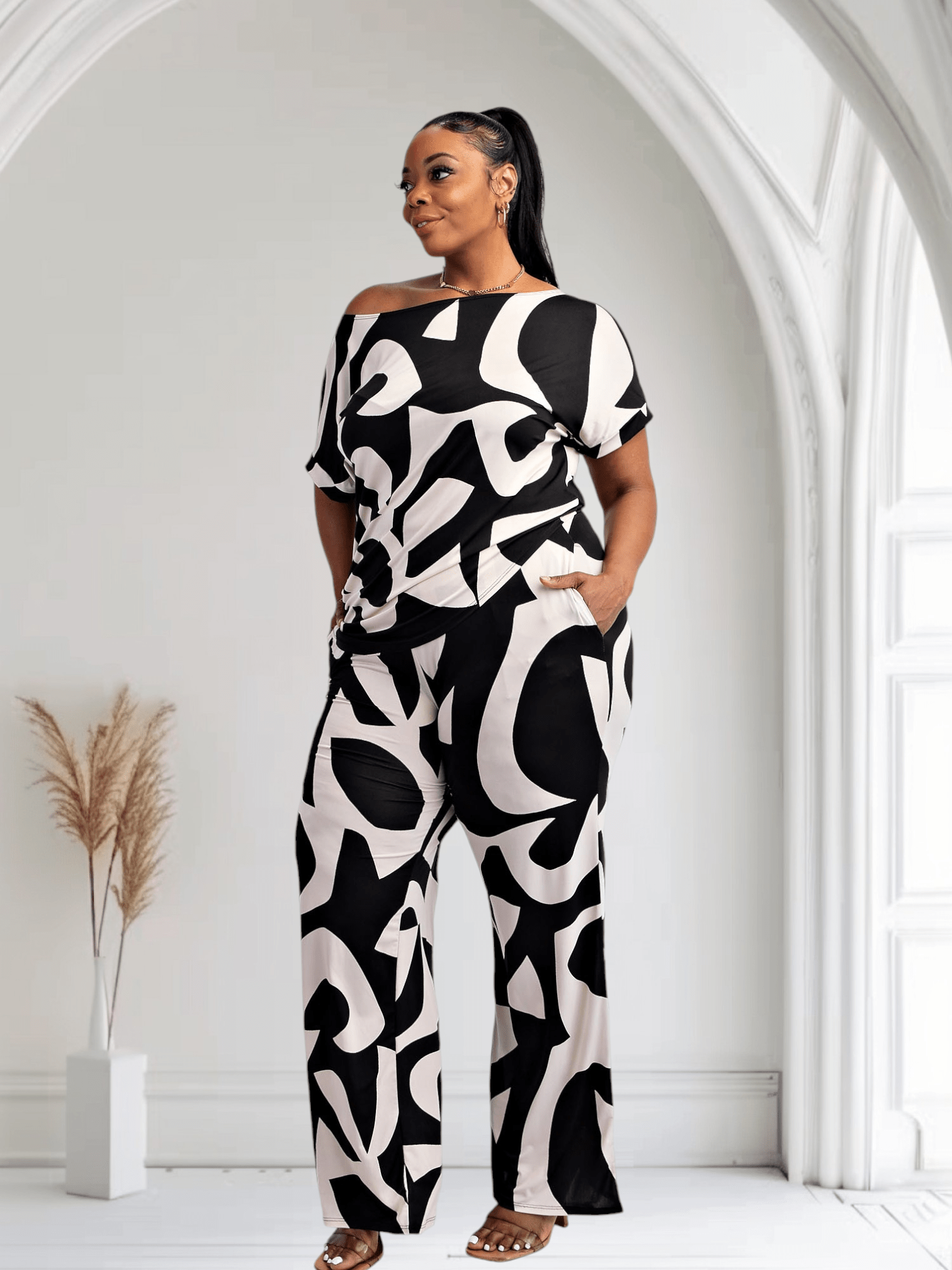 Lori Print Black and White Matching Plus Size Pants Set With Pockets - Courbe et Compagnie