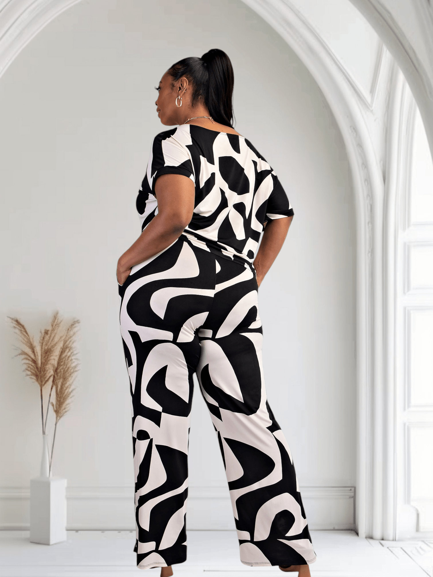 Lori Print Black and White Matching Plus Size Pants Set With Pockets - Courbe et Compagnie