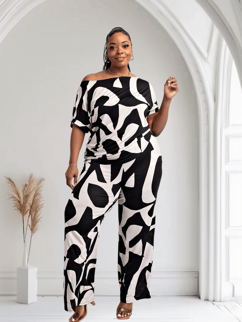 Lori Print Black and White Matching Plus Size Pants Set With Pockets - Courbe et Compagnie