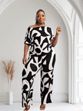 Lori Print Black and White Matching Plus Size Pants Set With Pockets - Courbe et Compagnie