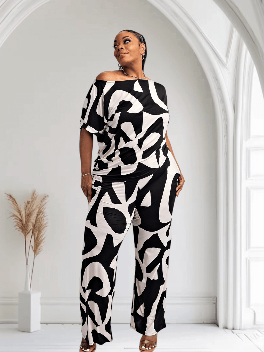 Lori Print Black and White Matching Plus Size Pants Set With Pockets - Courbe et Compagnie