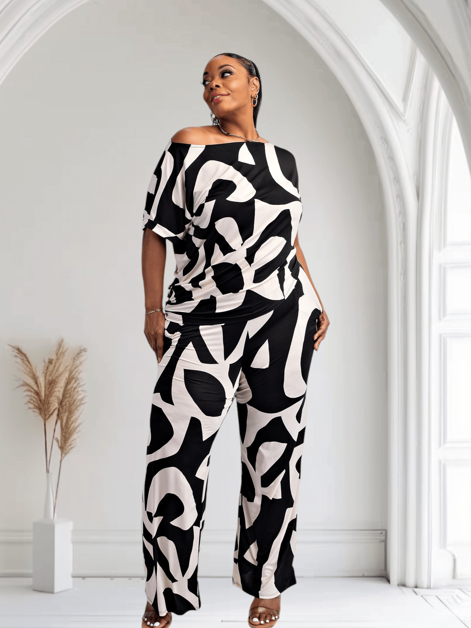 Lori Print Black and White Matching Plus Size Pants Set With Pockets - Courbe et Compagnie