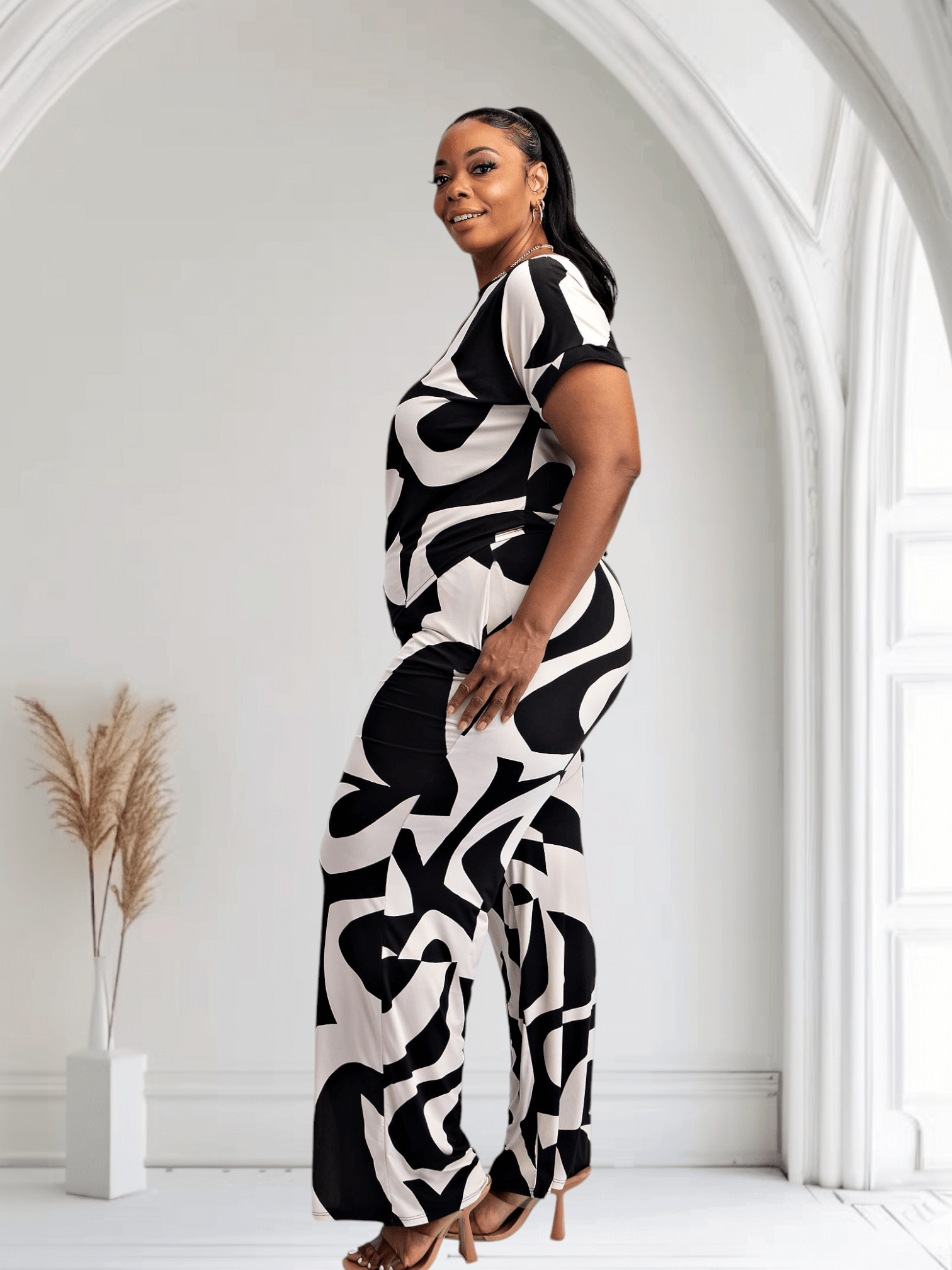 Lori Print Black and White Matching Plus Size Pants Set With Pockets - Courbe et Compagnie