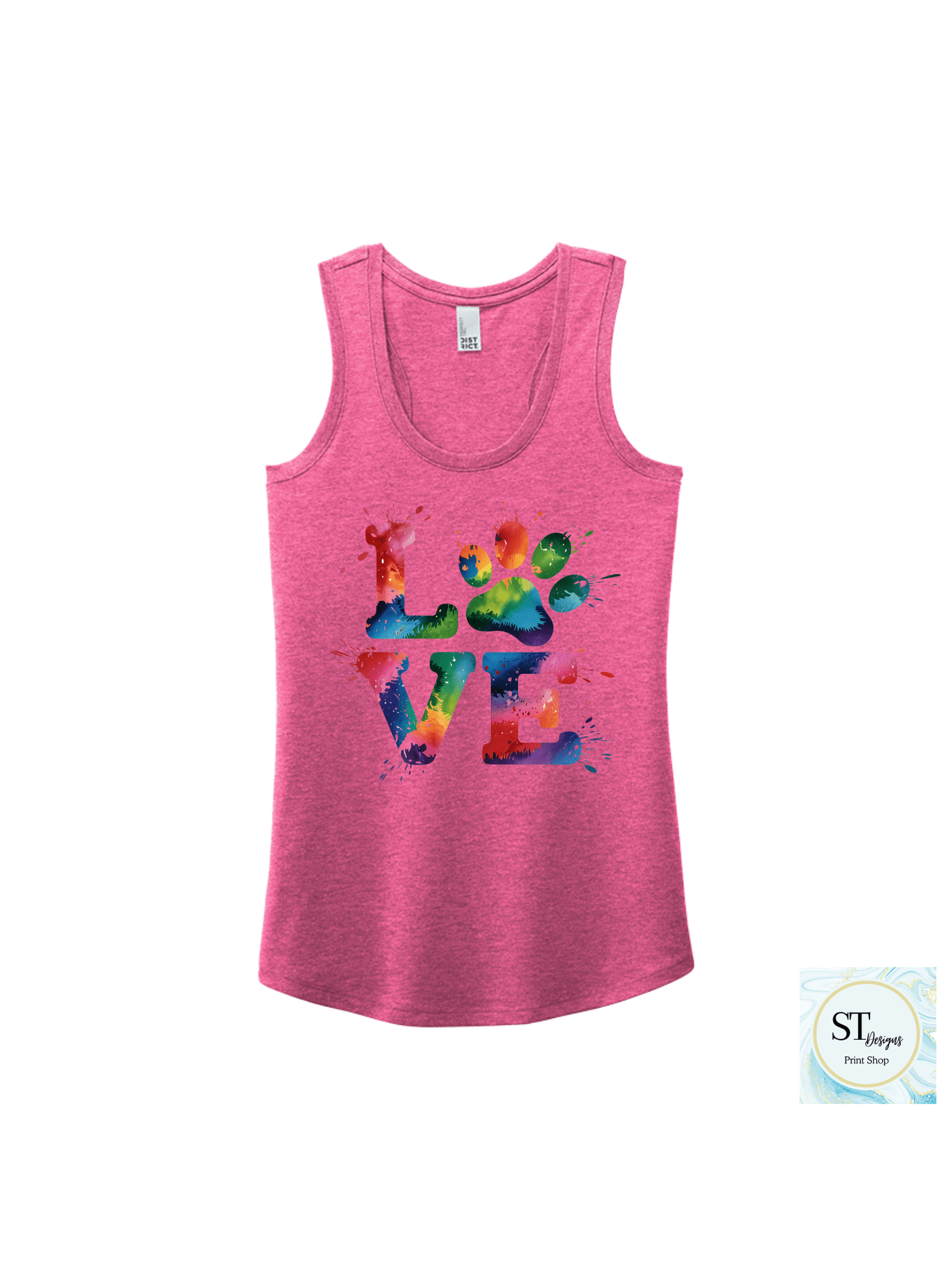 Love TieDye Paw Tank Top - Womans Razon Back Fit - Courbe et Compagnie