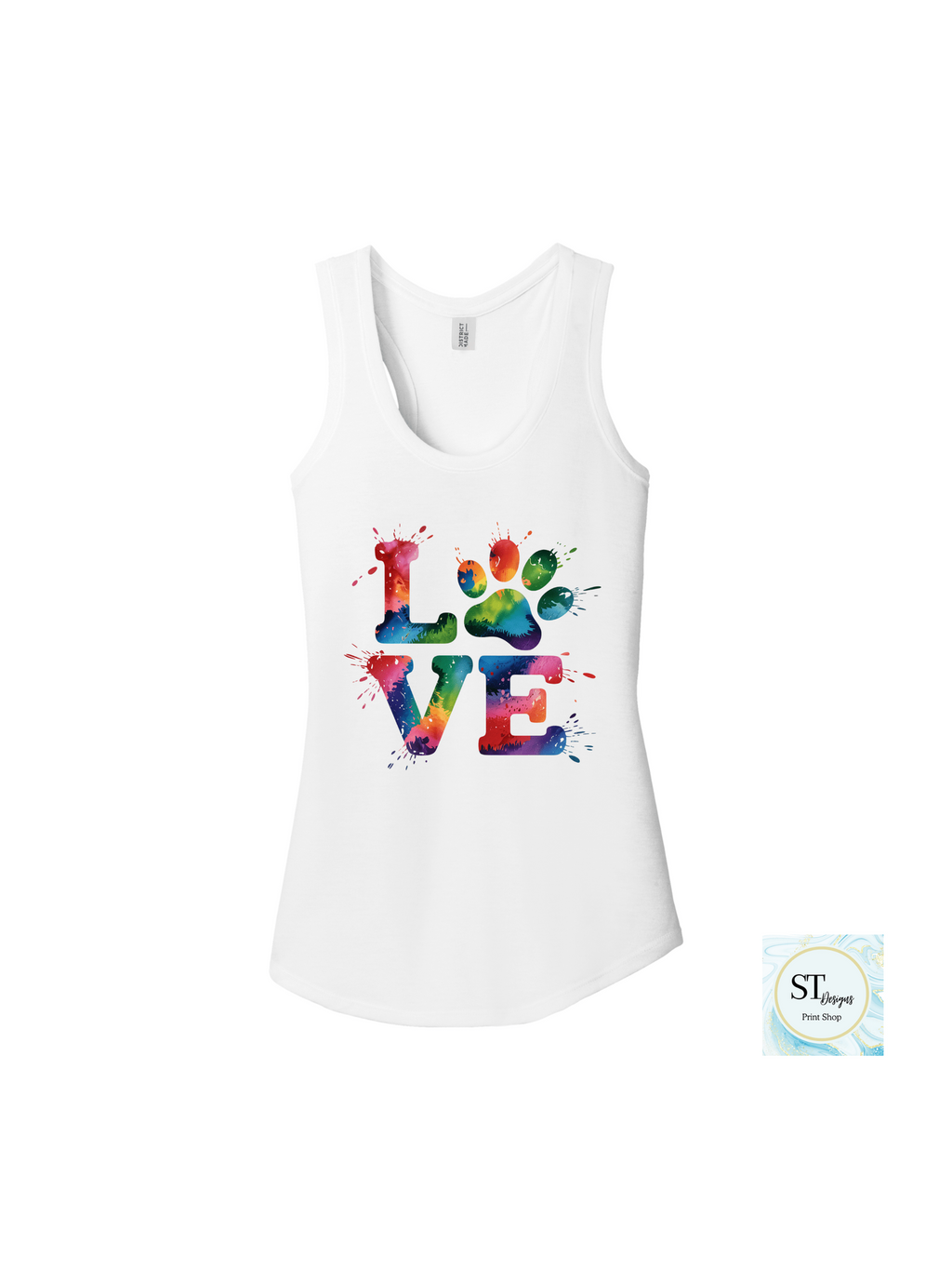 Love TieDye Paw Tank Top - Womans Razon Back Fit - Courbe et Compagnie
