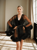 Luxurious Sheer Bridal Robe with Feathered Hem and Satin Tie - Courbe et Compagnie