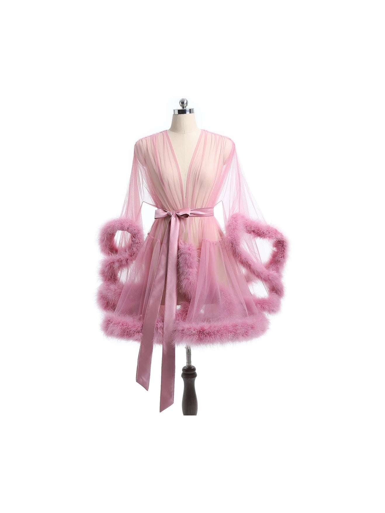 Luxurious Sheer Bridal Robe with Feathered Hem and Satin Tie - Courbe et Compagnie