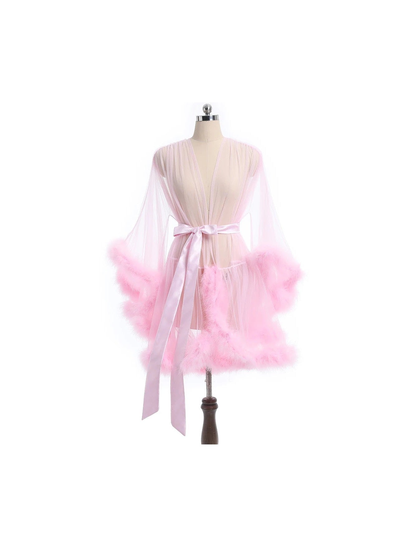Luxurious Sheer Bridal Robe with Feathered Hem and Satin Tie - Courbe et Compagnie