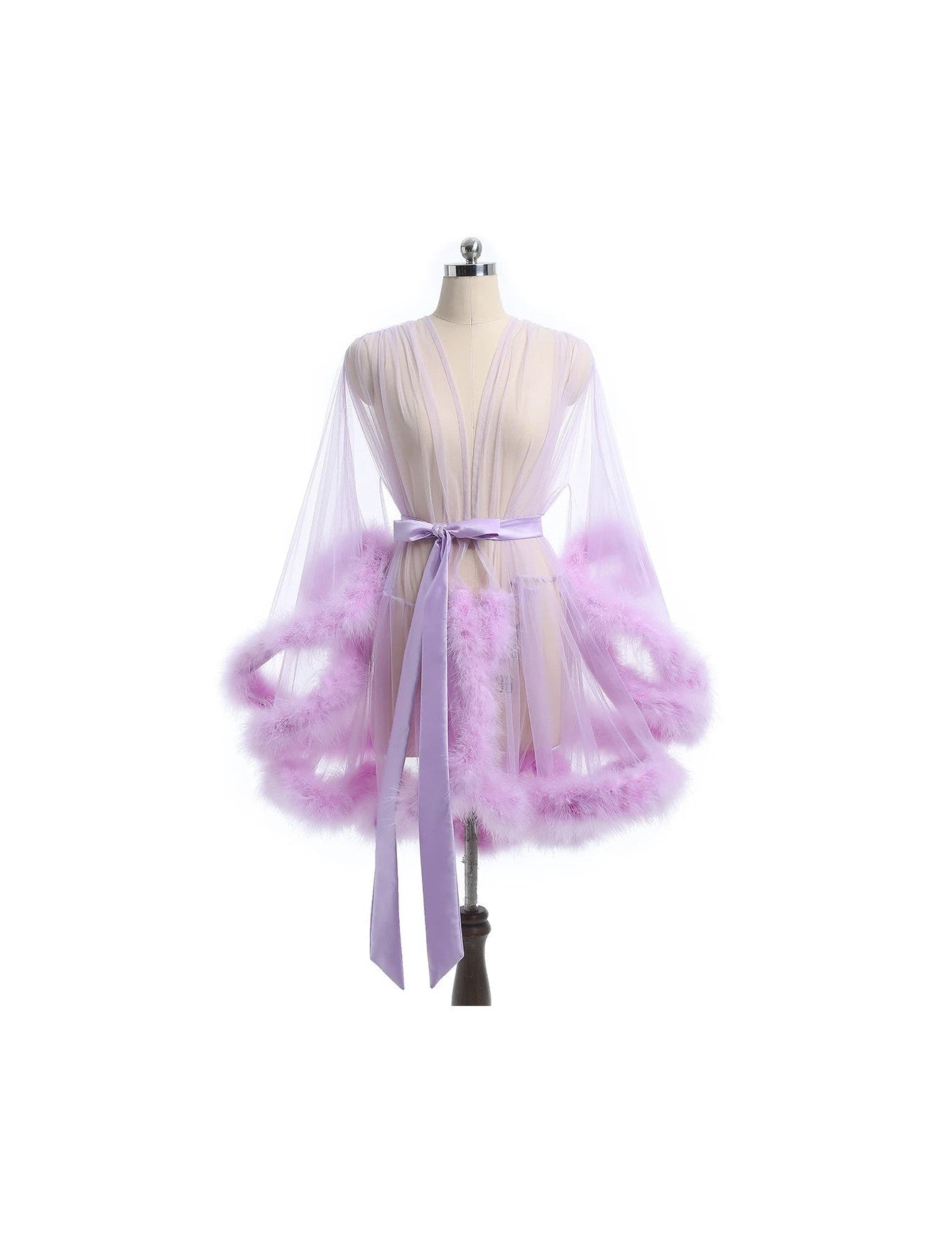 Luxurious Sheer Bridal Robe with Feathered Hem and Satin Tie - Courbe et Compagnie