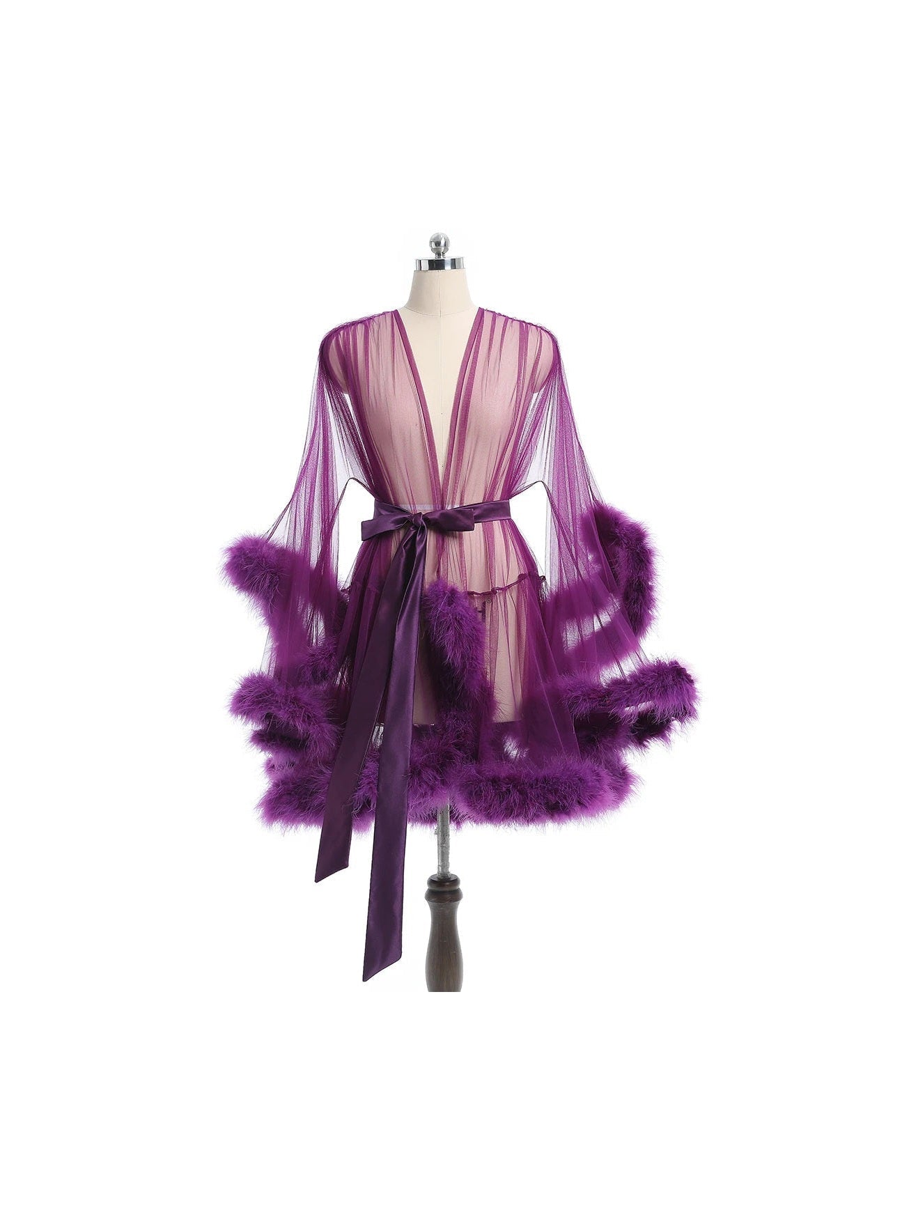Luxurious Sheer Bridal Robe with Feathered Hem and Satin Tie - Courbe et Compagnie