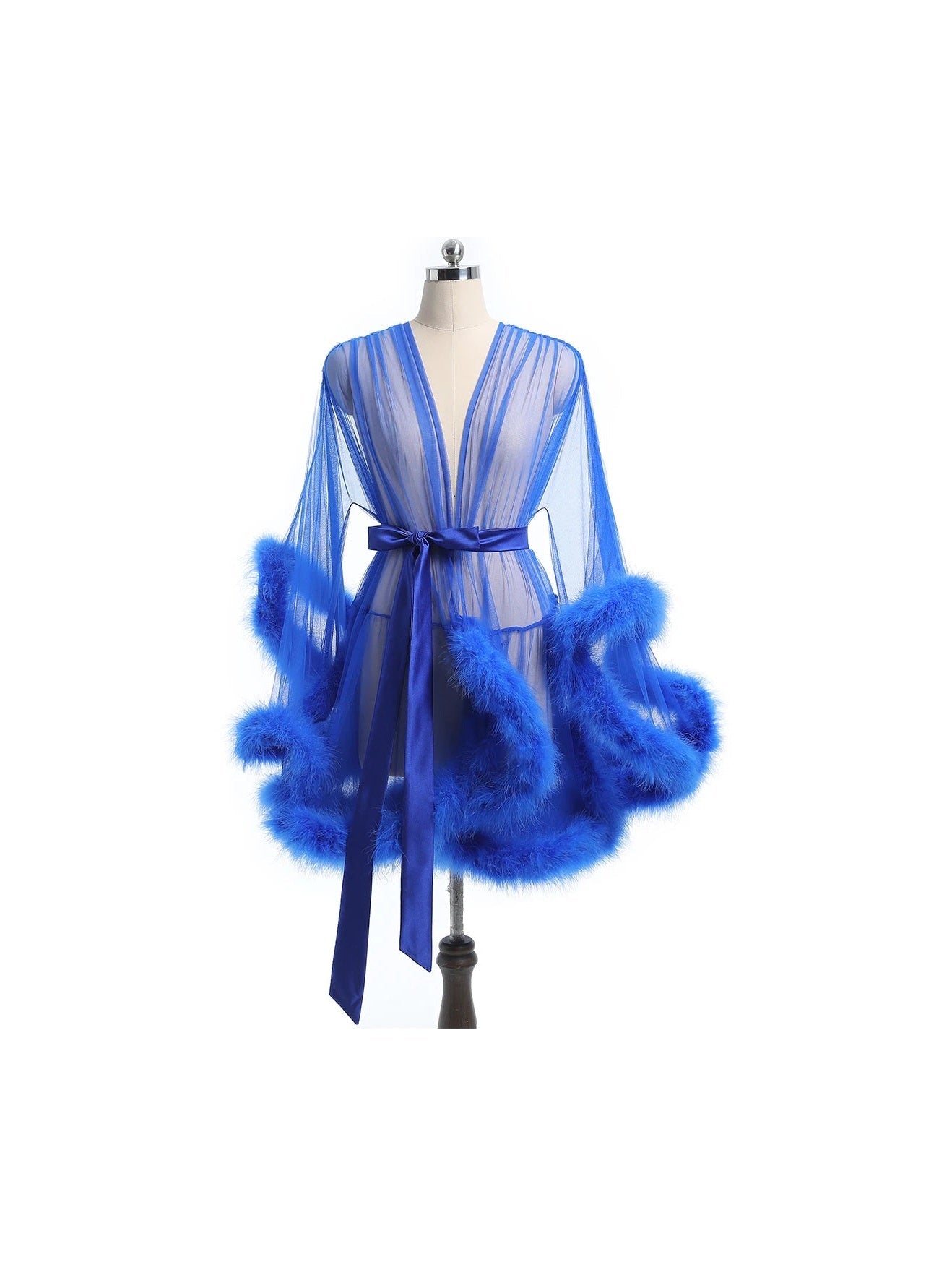 Luxurious Sheer Bridal Robe with Feathered Hem and Satin Tie - Courbe et Compagnie