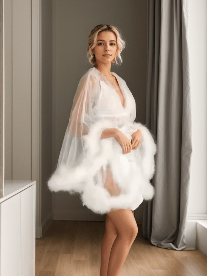 Luxurious Sheer Bridal Robe with Feathered Hem and Satin Tie - Courbe et Compagnie