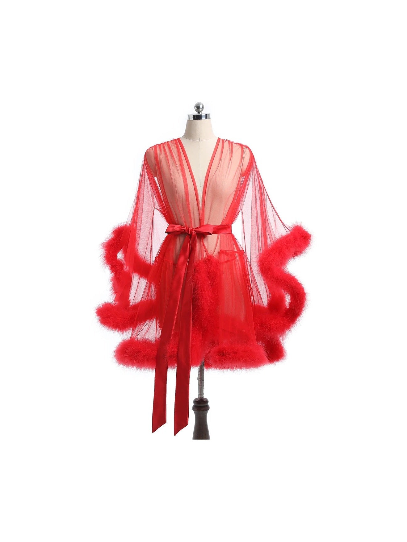 Luxurious Sheer Bridal Robe with Feathered Hem and Satin Tie - Courbe et Compagnie