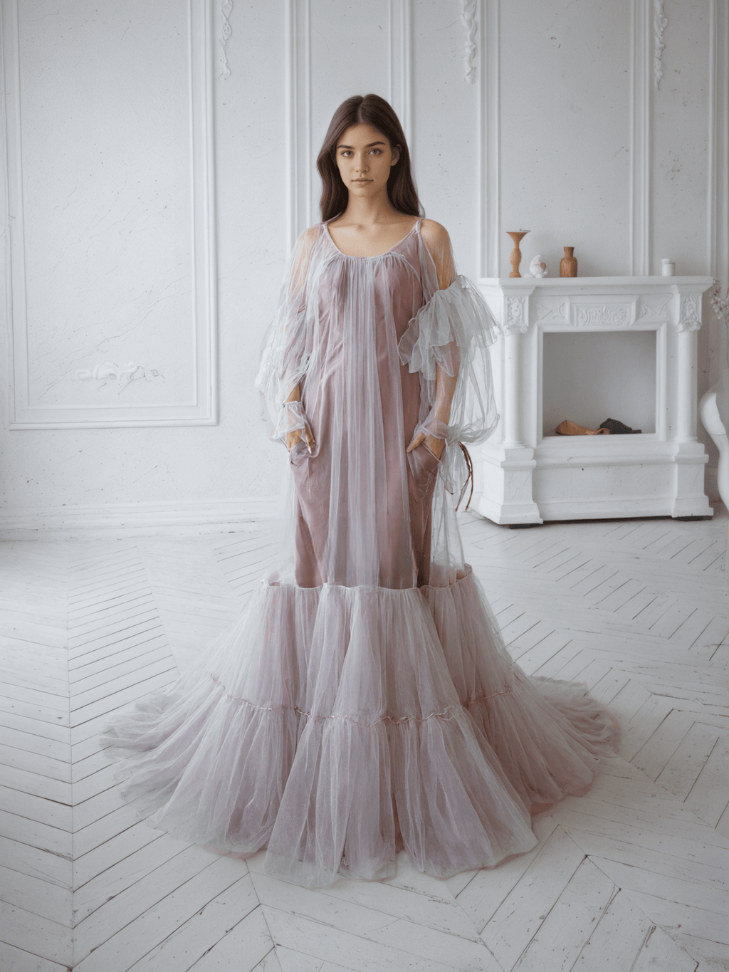 Luxury 3 colors Layered Tulle Sheer Robe Dress | Couture Ruffle Boudoir Robe Set - Courbe et Compagnie
