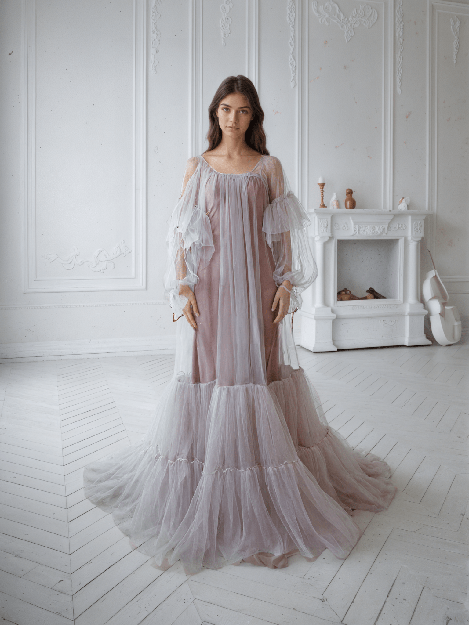 Luxury 3 colors Layered Tulle Sheer Robe Dress | Couture Ruffle Boudoir Robe Set - Courbe et Compagnie