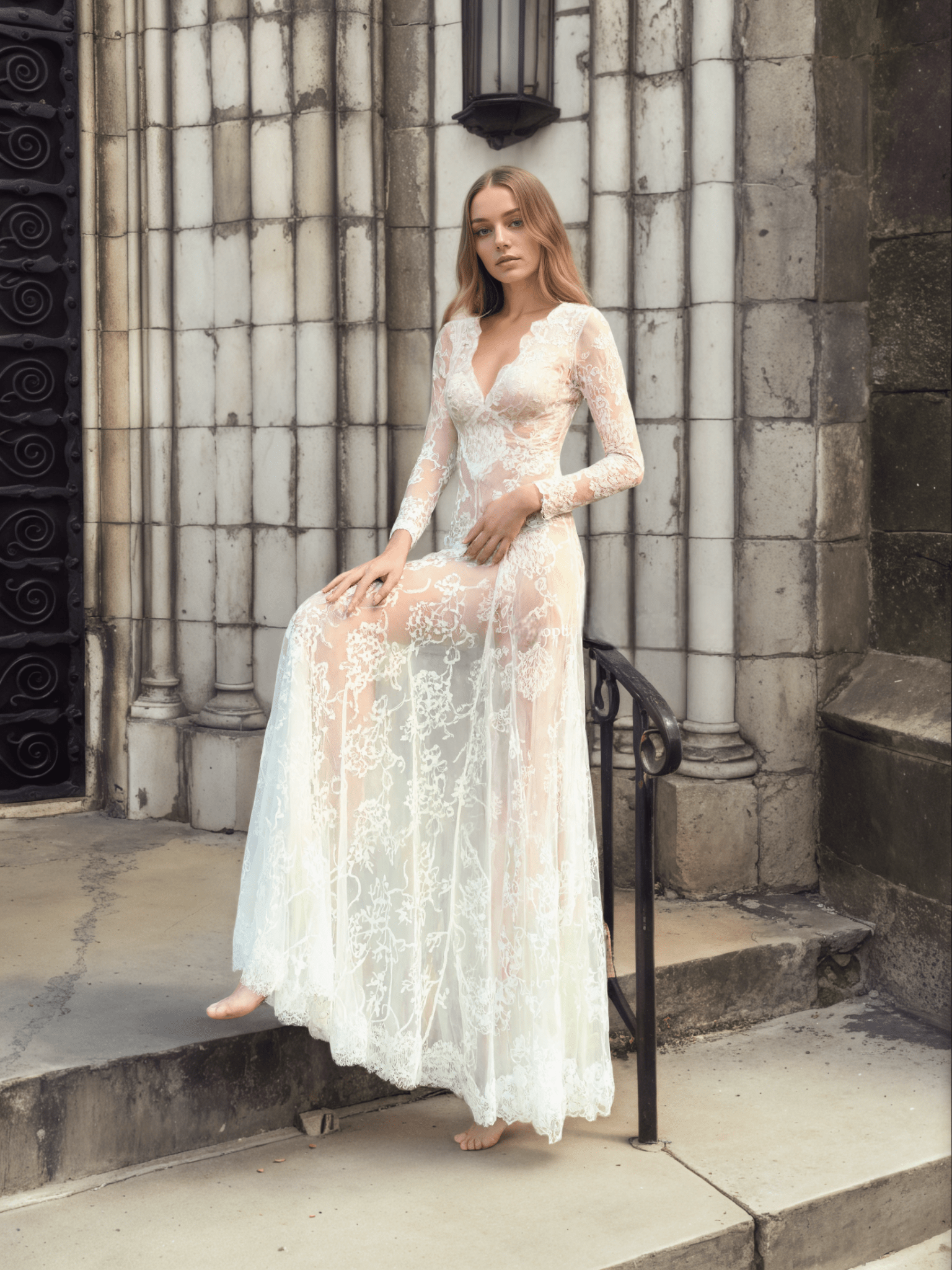 Luxury Long Sleeve Lace Sheer Robe Dress — Bridal Getting Ready & Boudoir Gown - Courbe et Compagnie