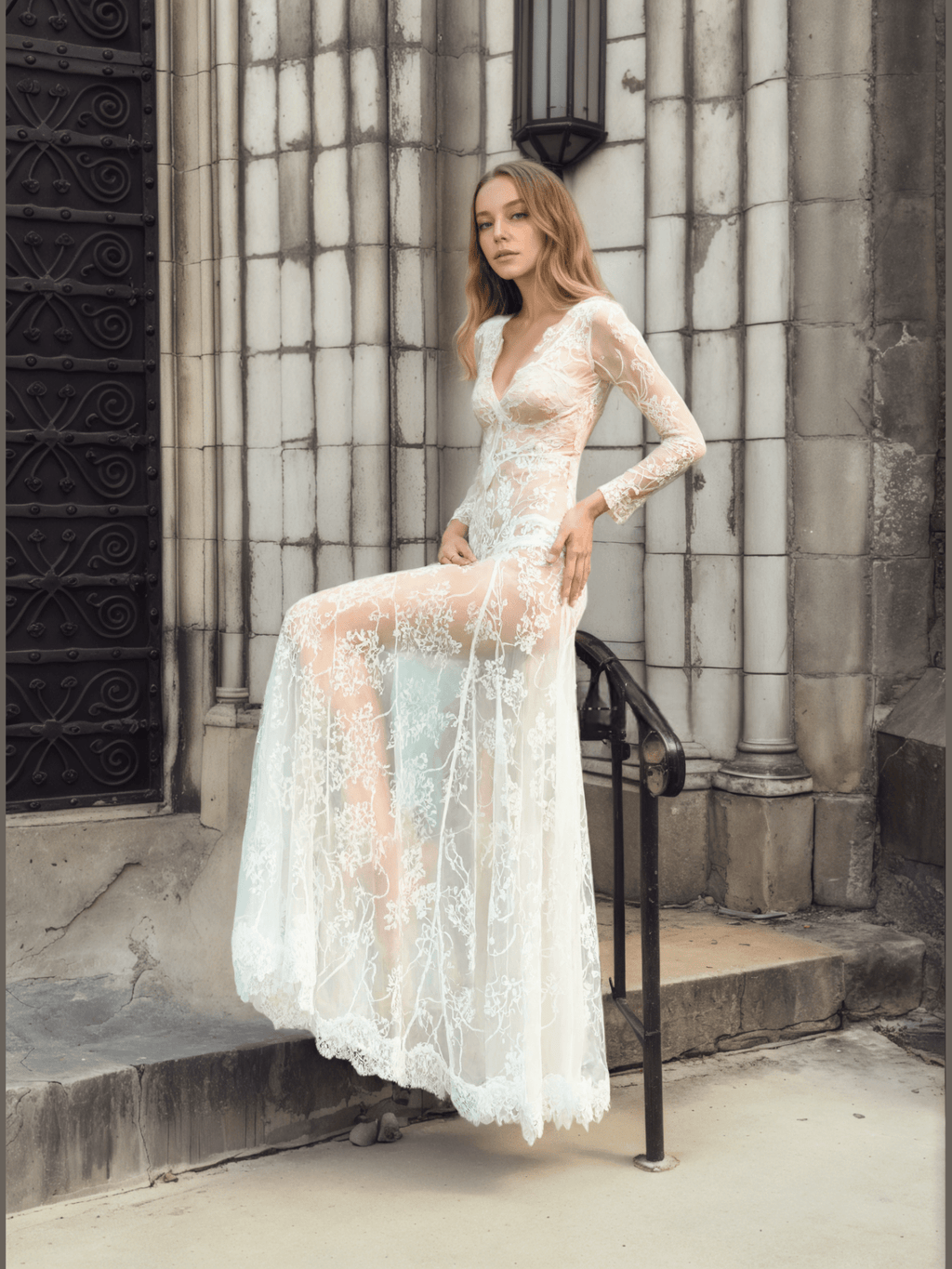 Luxury Long Sleeve Lace Sheer Robe Dress — Bridal Getting Ready & Boudoir Gown - Courbe et Compagnie