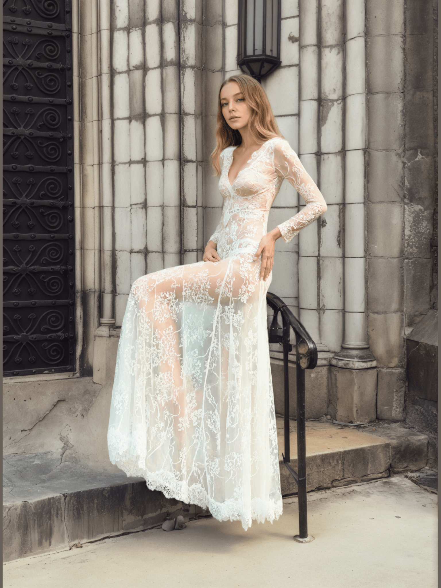 Luxury Long Sleeve Lace Sheer Robe Dress — Bridal Getting Ready & Boudoir Gown - Courbe et Compagnie
