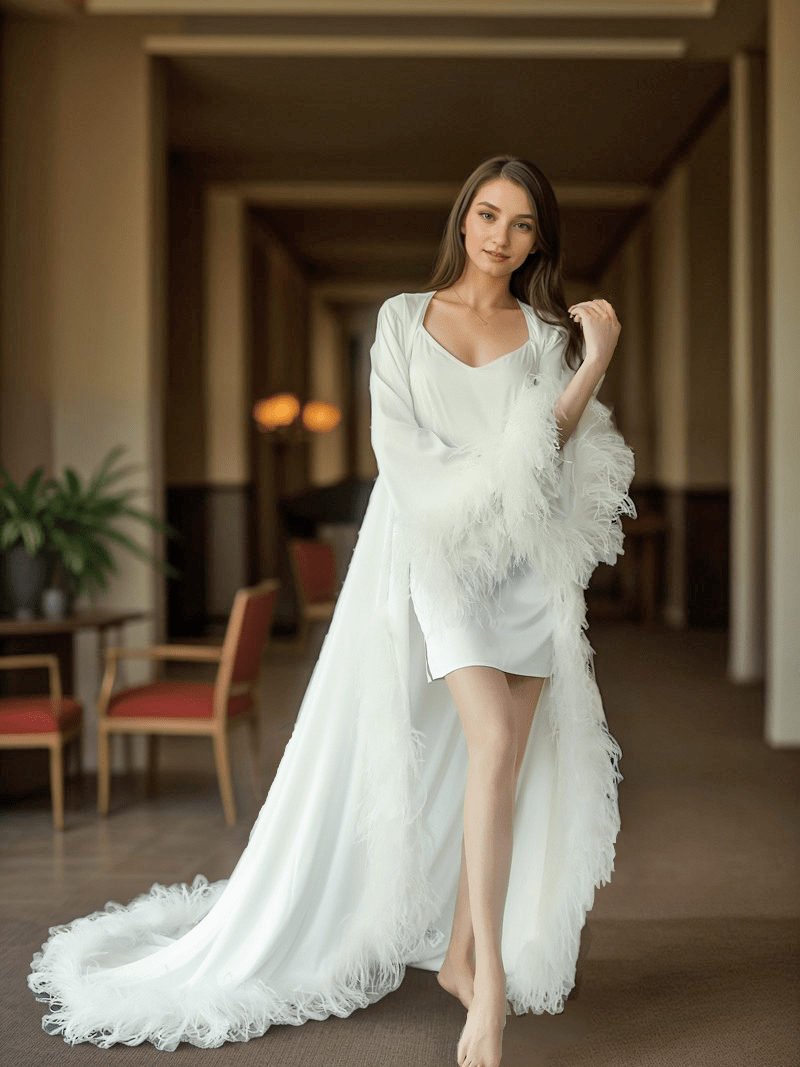 Luxury Ostrich Feather Satin Bridal Robe – White/Ivory Train, Holiday Photoshoot Gift - Courbe et Compagnie