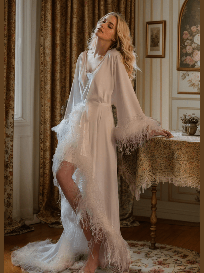 Luxury Ostrich Feather Satin Bridal Robe – White/Ivory Train, Holiday Photoshoot Gift - Courbe et Compagnie