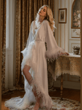 Luxury Ostrich Feather Satin Bridal Robe – White/Ivory Train, Holiday Photoshoot Gift - Courbe et Compagnie