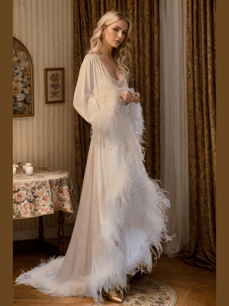 Luxury Ostrich Feather Satin Bridal Robe – White/Ivory Train, Holiday Photoshoot Gift - Courbe et Compagnie