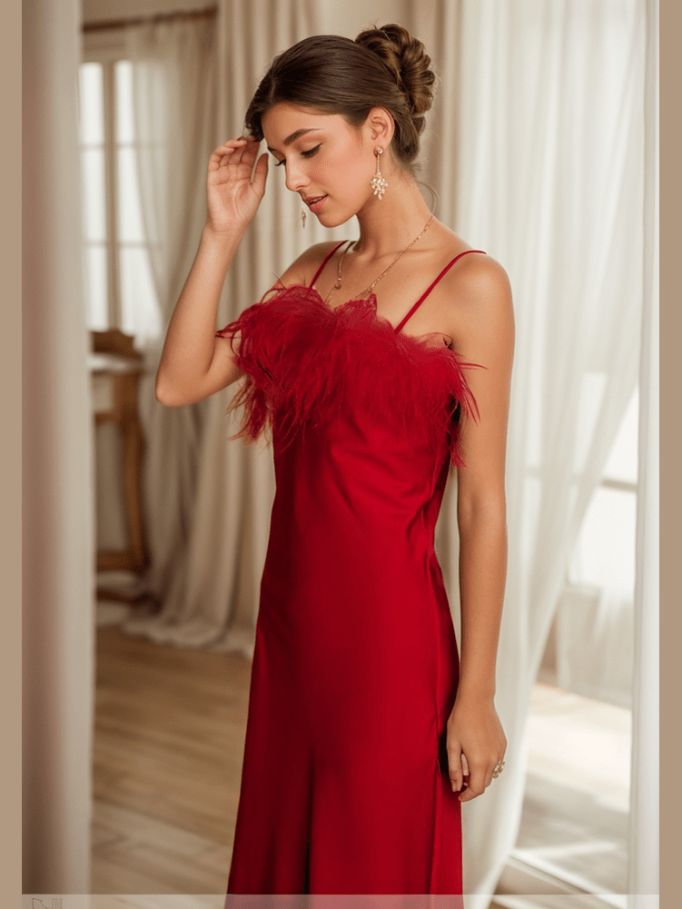 Luxury Ostrich Feather Silky Satin Long Nightgown - Courbe et Compagnie