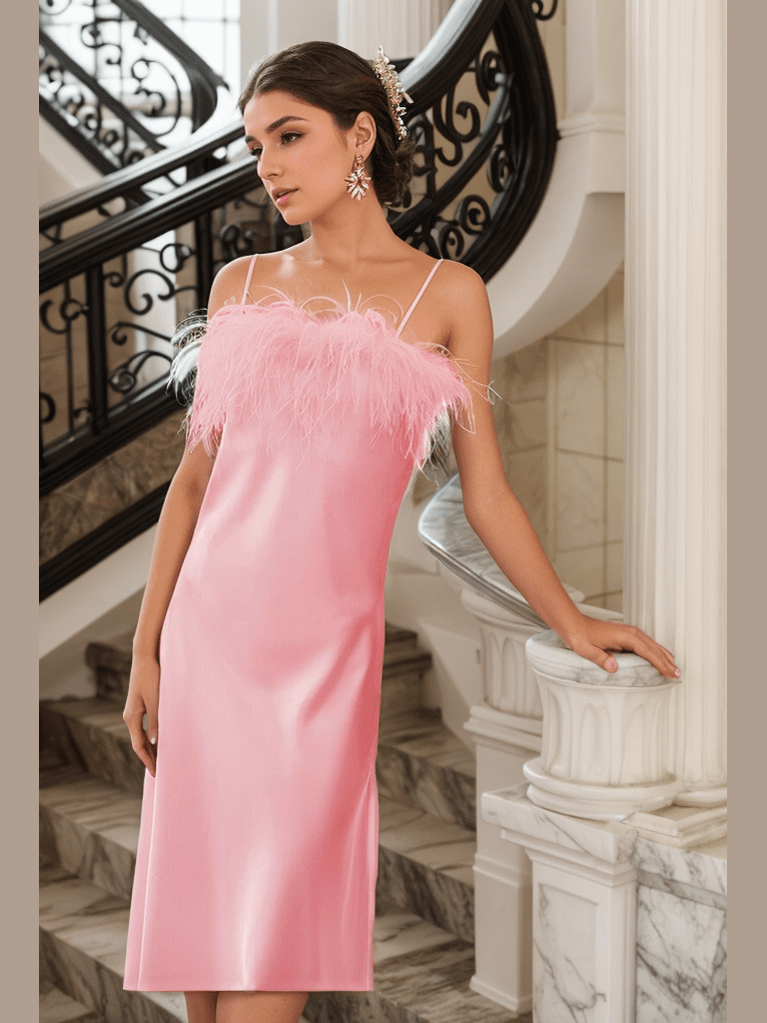 Luxury Ostrich Feather Silky Satin Long Nightgown - Courbe et Compagnie