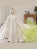 Luxury Satin V-Neck Short Sleeve Wedding Dress EDW459 - Courbe et Compagnie