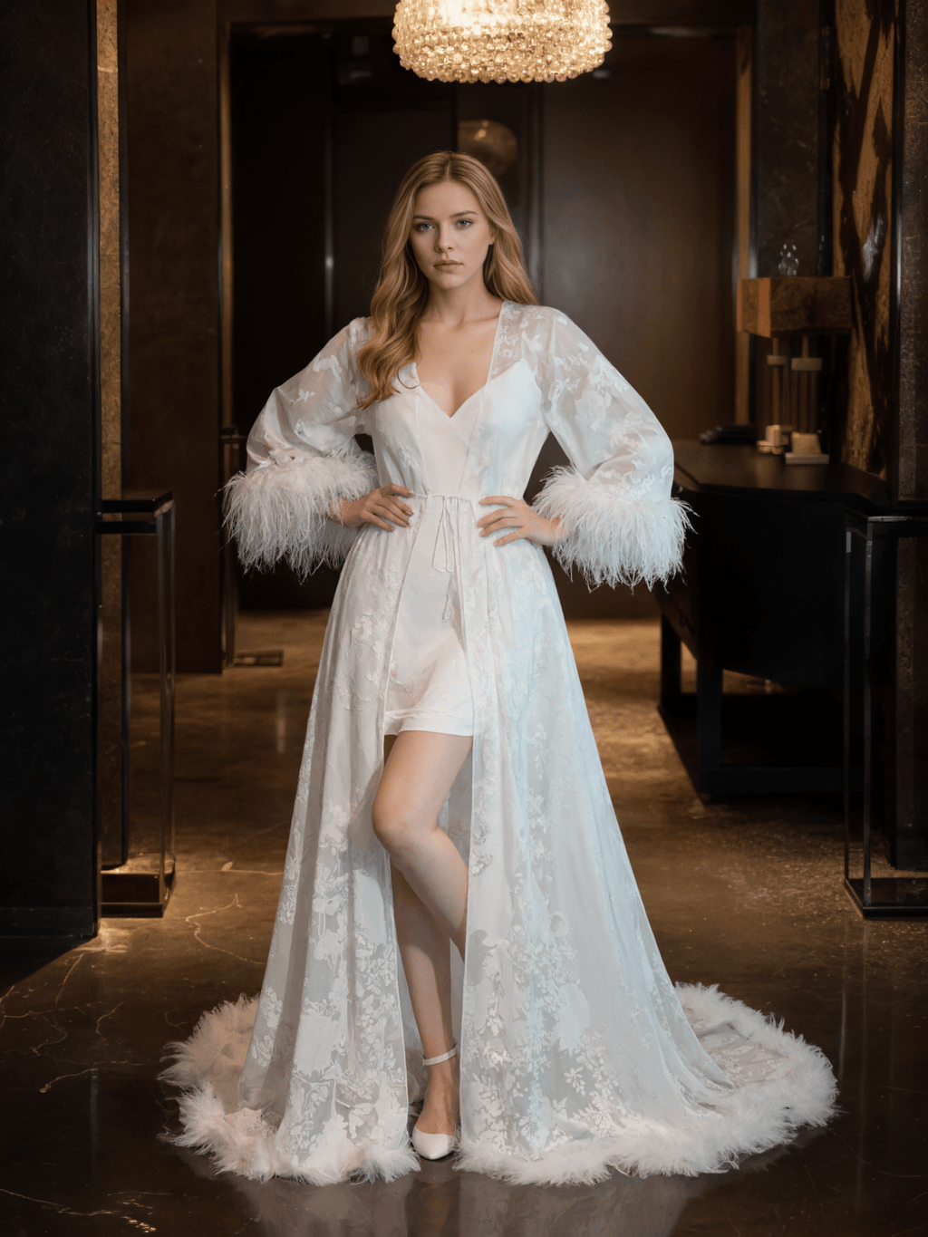 Luxury White Feather Trim Lace Long Robe Dress Set | Bridal Getting Ready & Photoshoot Gown - Courbe et Compagnie