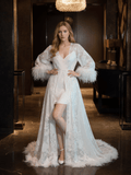 Luxury White Feather Trim Lace Long Robe Dress Set | Bridal Getting Ready & Photoshoot Gown - Courbe et Compagnie