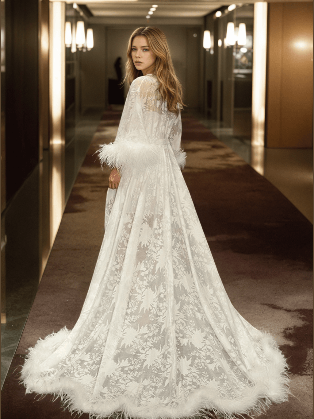 Luxury White Feather Trim Lace Long Robe Dress Set | Bridal Getting Ready & Photoshoot Gown - Courbe et Compagnie
