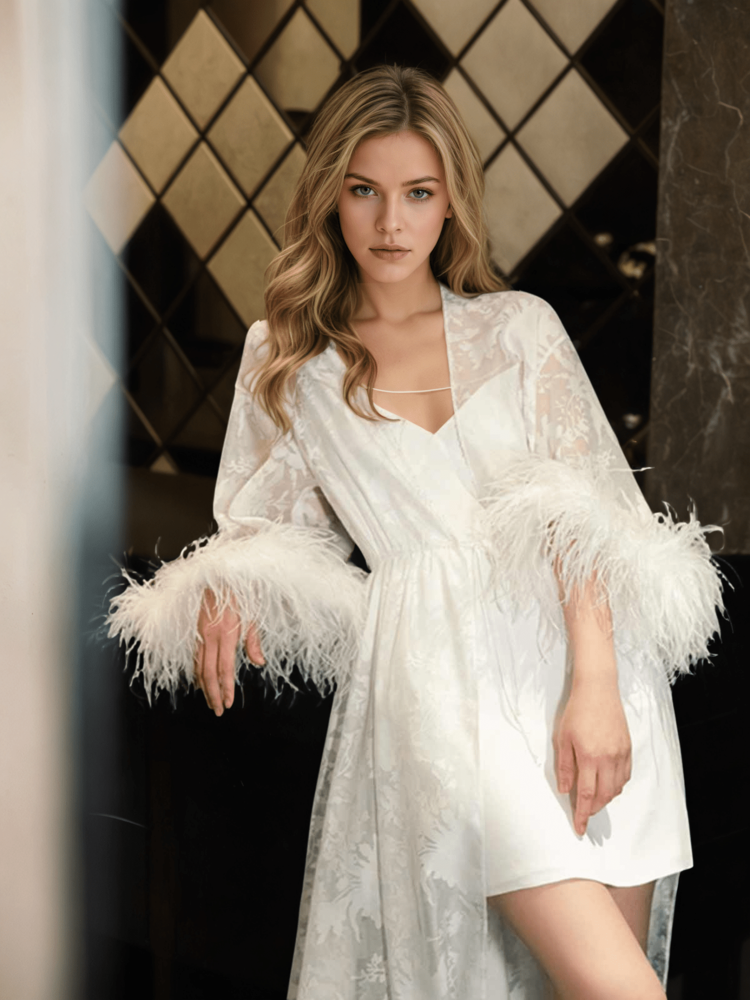 Luxury White Feather Trim Lace Long Robe Dress Set | Bridal Getting Ready & Photoshoot Gown - Courbe et Compagnie