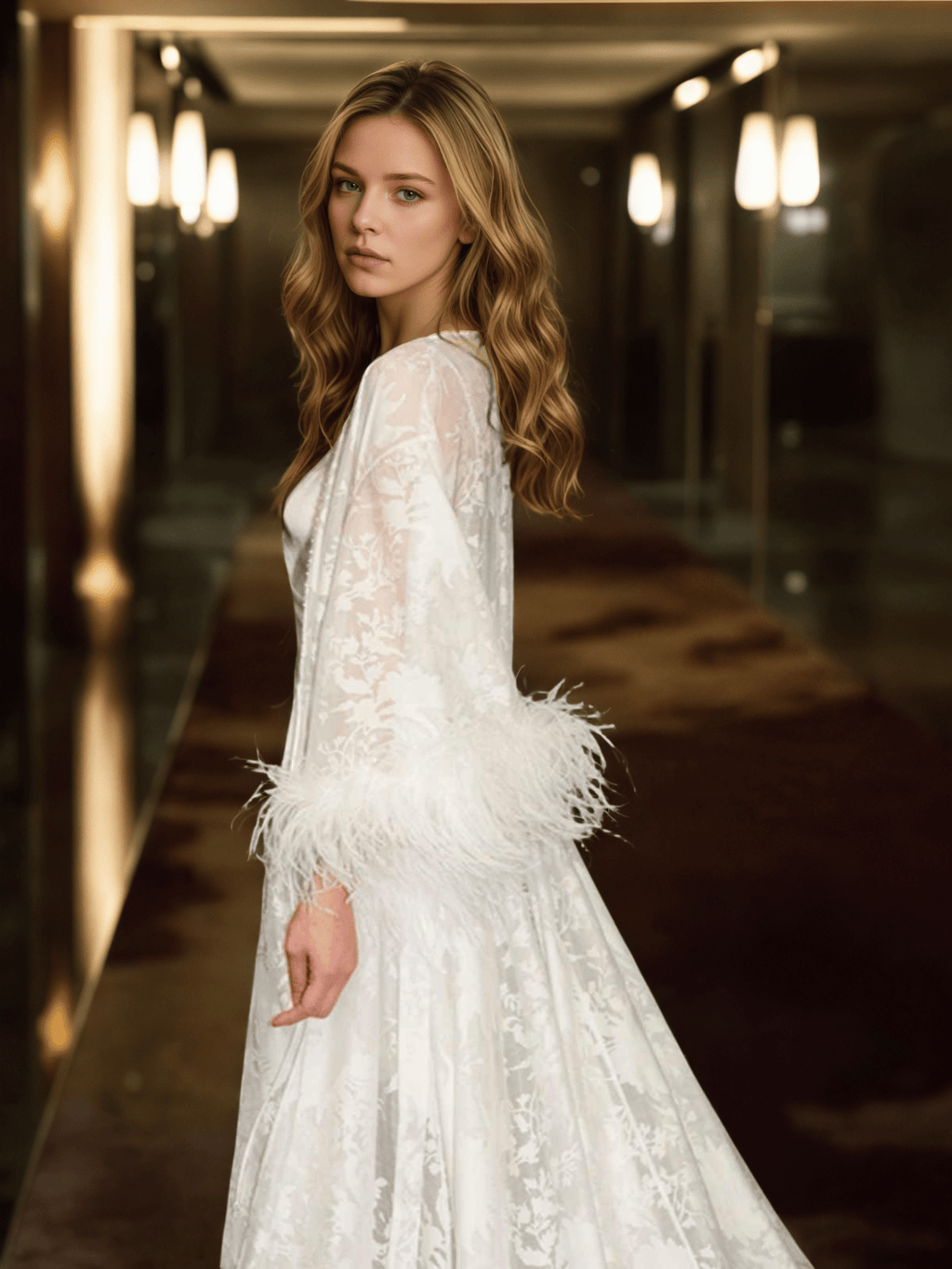 Luxury White Feather Trim Lace Long Robe Dress Set | Bridal Getting Ready & Photoshoot Gown - Courbe et Compagnie