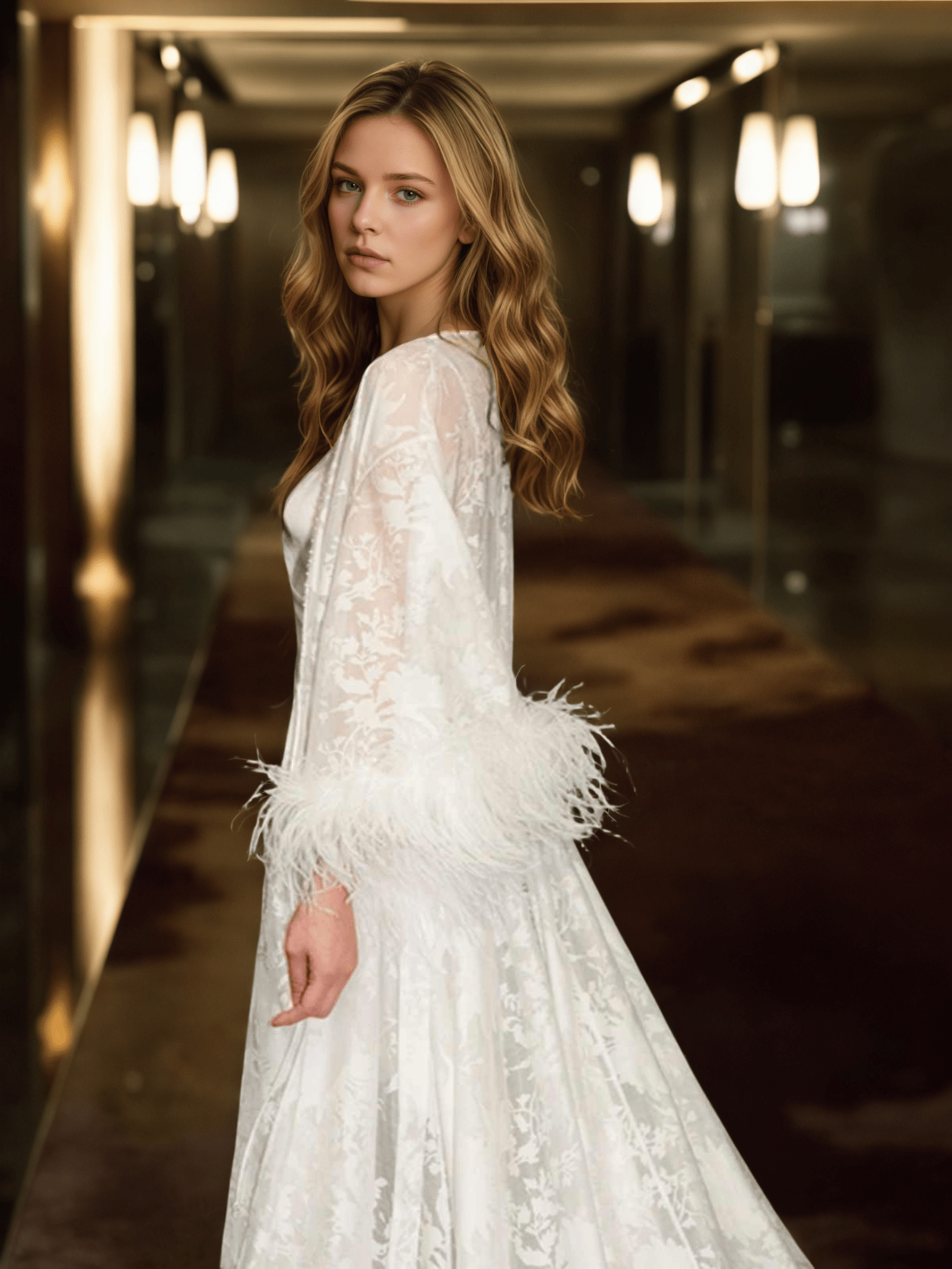 Luxury White Feather Trim Lace Long Robe Dress Set | Bridal Getting Ready & Photoshoot Gown - Courbe et Compagnie
