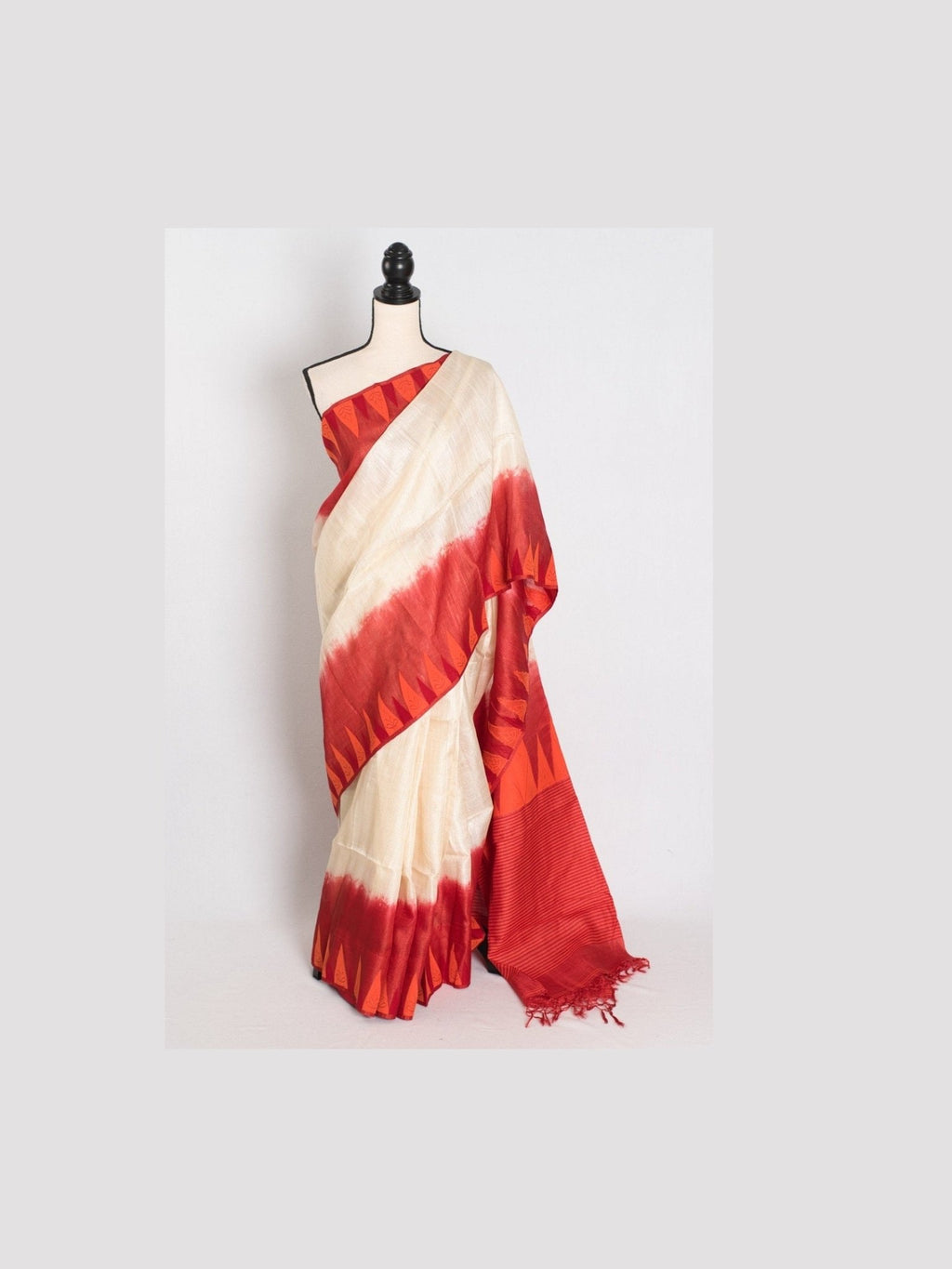 Madhabi: Cream & Red Bengal Tussar Silk Saree | Silk Mark Certified - Courbe et Compagnie