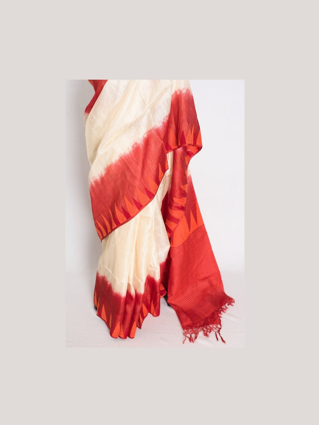 Madhabi: Cream & Red Bengal Tussar Silk Saree | Silk Mark Certified - Courbe et Compagnie