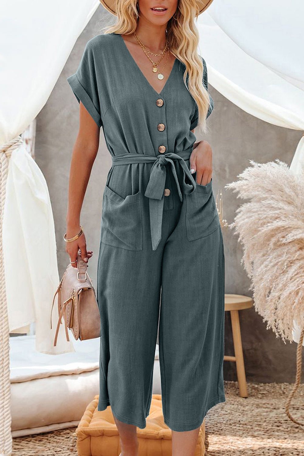 Maggie-Blue Dolman Button Belted V Neck Wide Leg Pocketed Jumpsuit - Courbe et Compagnie