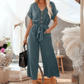 Maggie-Blue Dolman Button Belted V Neck Wide Leg Pocketed Jumpsuit - Courbe et Compagnie