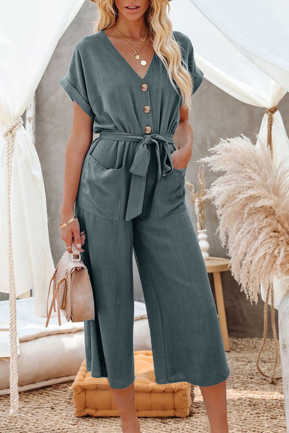 Maggie-Blue Dolman Button Belted V Neck Wide Leg Pocketed Jumpsuit - Courbe et Compagnie