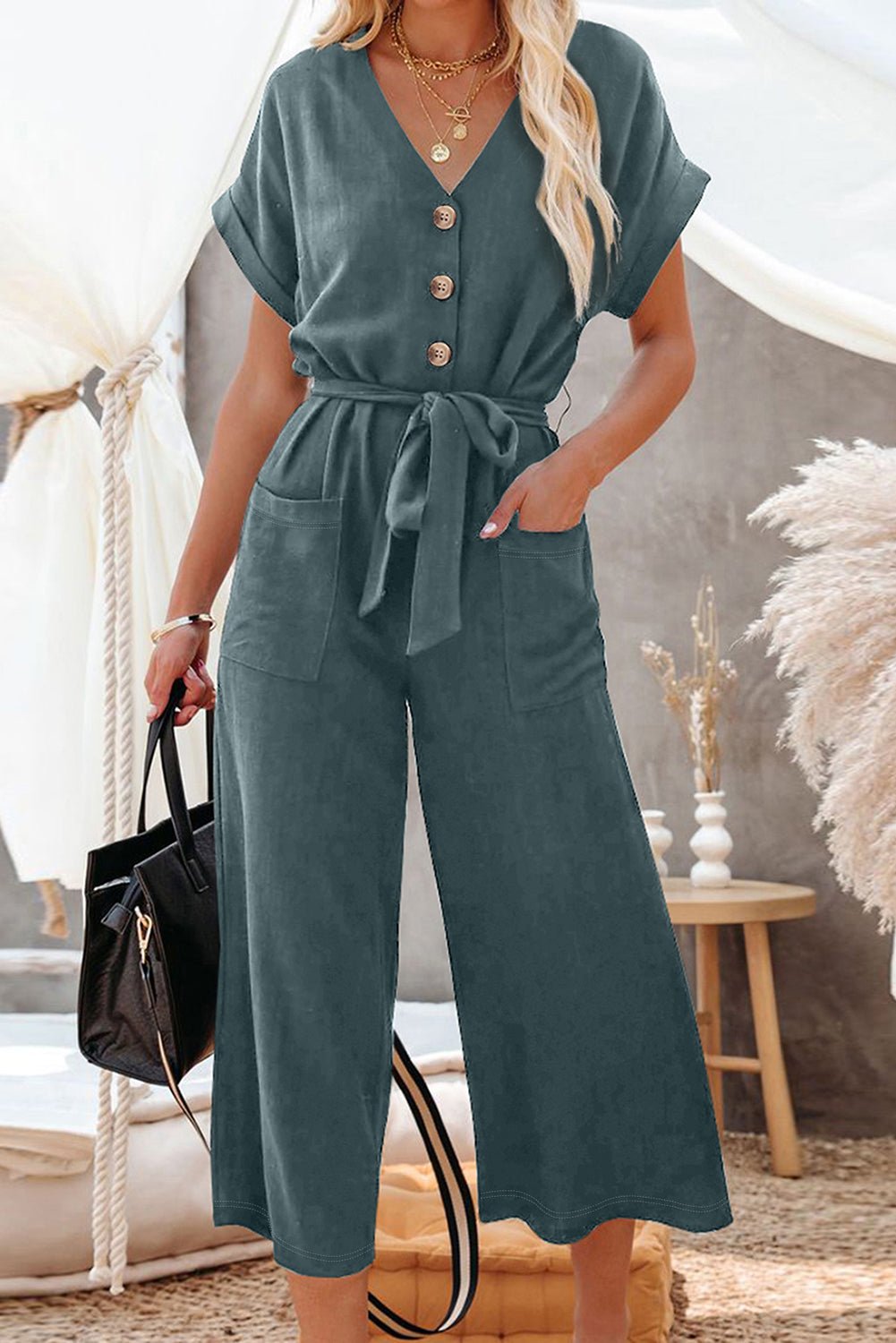 Maggie-Blue Dolman Button Belted V Neck Wide Leg Pocketed Jumpsuit - Courbe et Compagnie